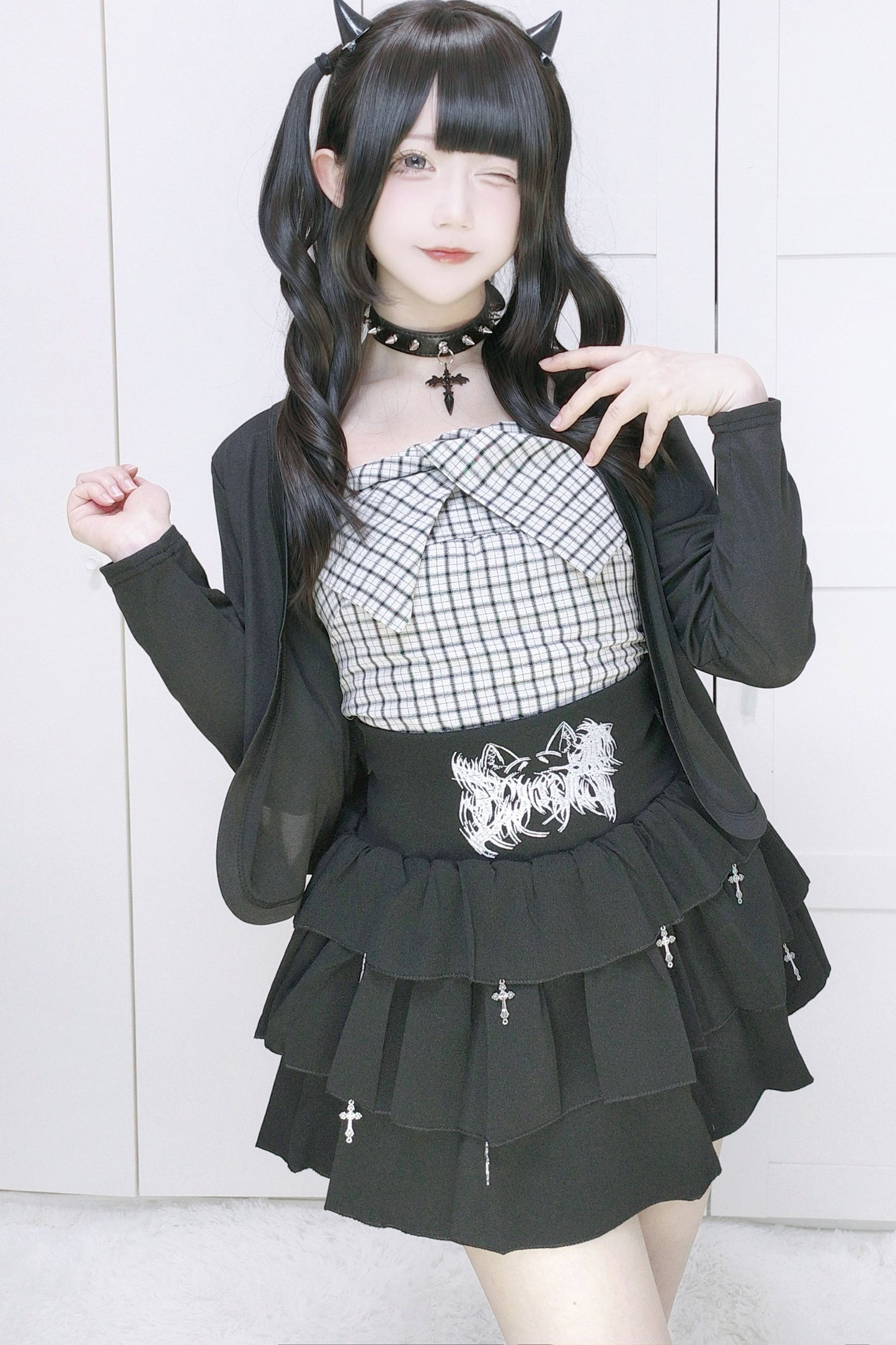 Plaid Camisole Jacket and Cross Skirt Set-Up
