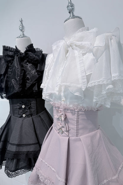 Lace Butterfly-Sleeve Blouse+Skirt