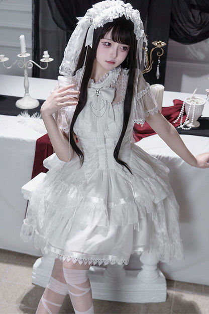 Gothic Short-Sleeve Tulle Waist Belt Dress Set-Up