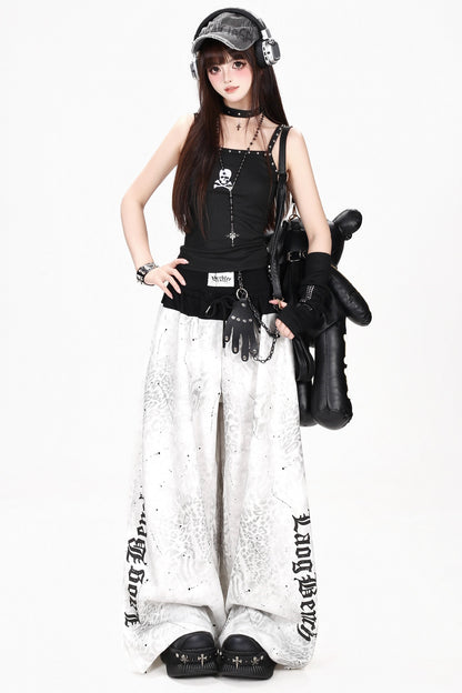 Pantalon de sport blanc à taille haute effet usé, jambes larges et lettrage