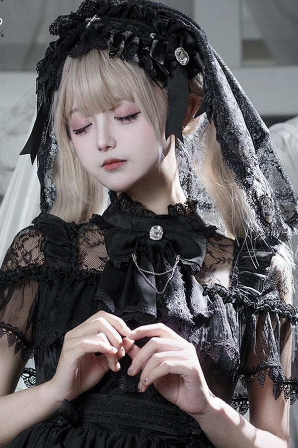 Gothic Short-Sleeve Tulle Waist Belt Dress Set-Up