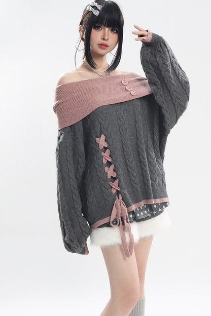 Off-Shoulder Cat Heart Knit Sweater