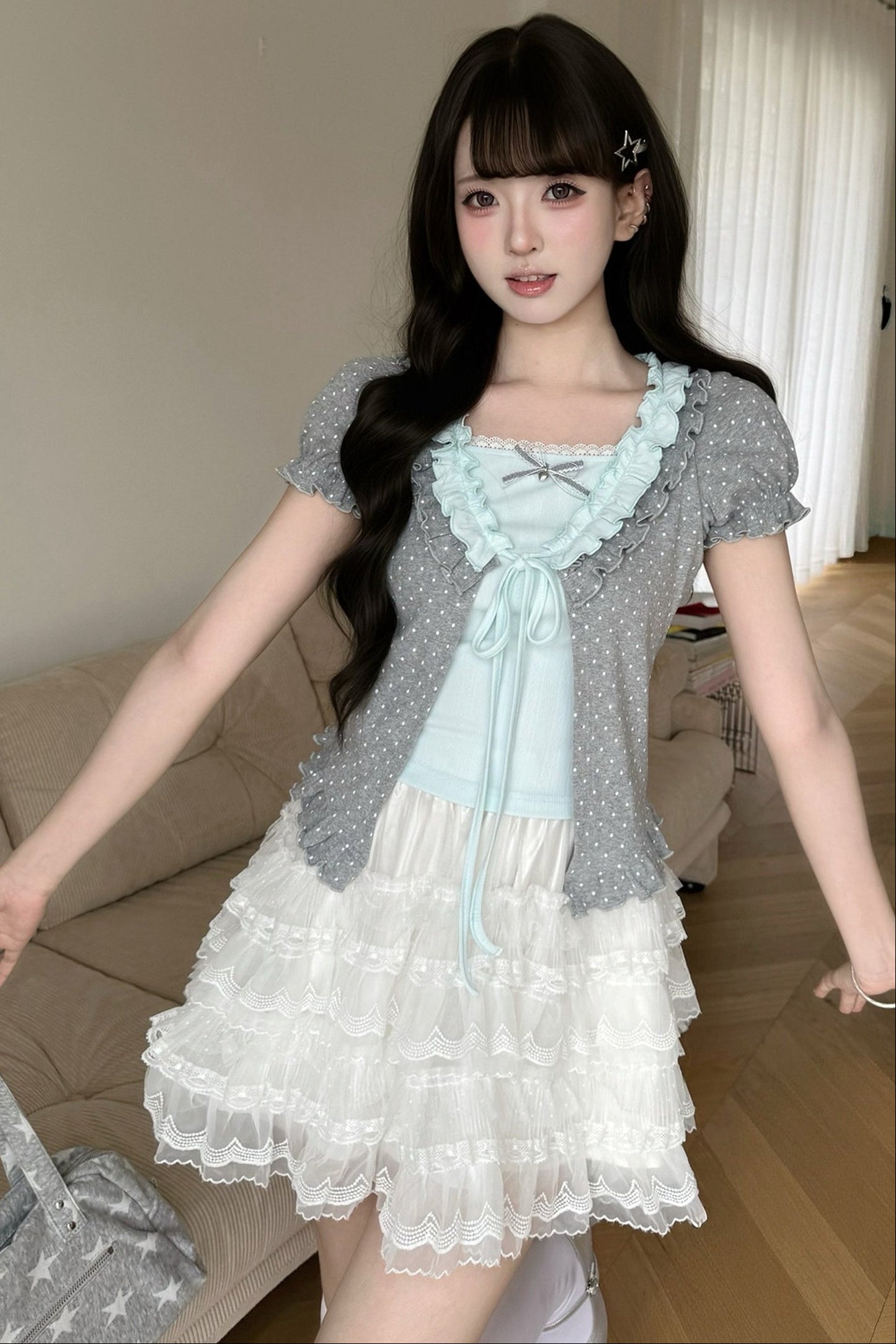 Polka Dot Layered-Look Top and Skirt Set-Up