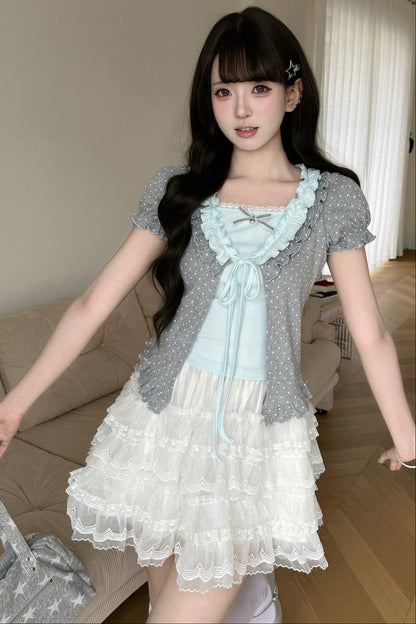 Polka Dot Layered-Look Top and Skirt Set-Up