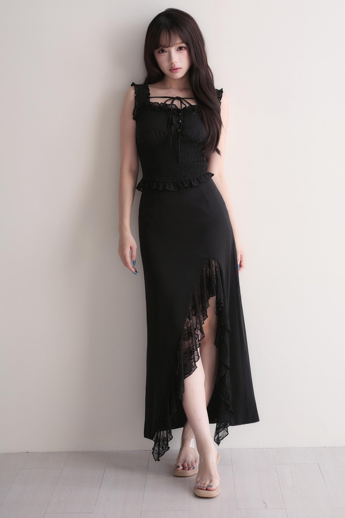 Elegant Ruffle Top & Lace Slit Skirt Set
