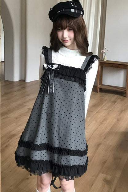 Schwarz-graues Polka-Dot-Trägerkleid-Set