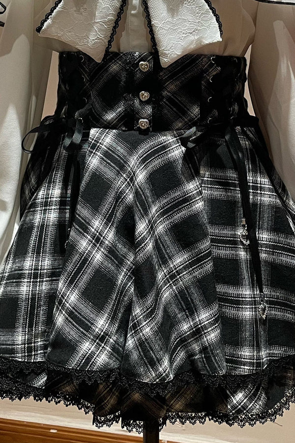 Long-Sleeved Lace Plaid Half Skirt and Top Set-Up