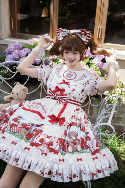 Strawberry Gift Box Lolita Print Suspender Dress Set-Up