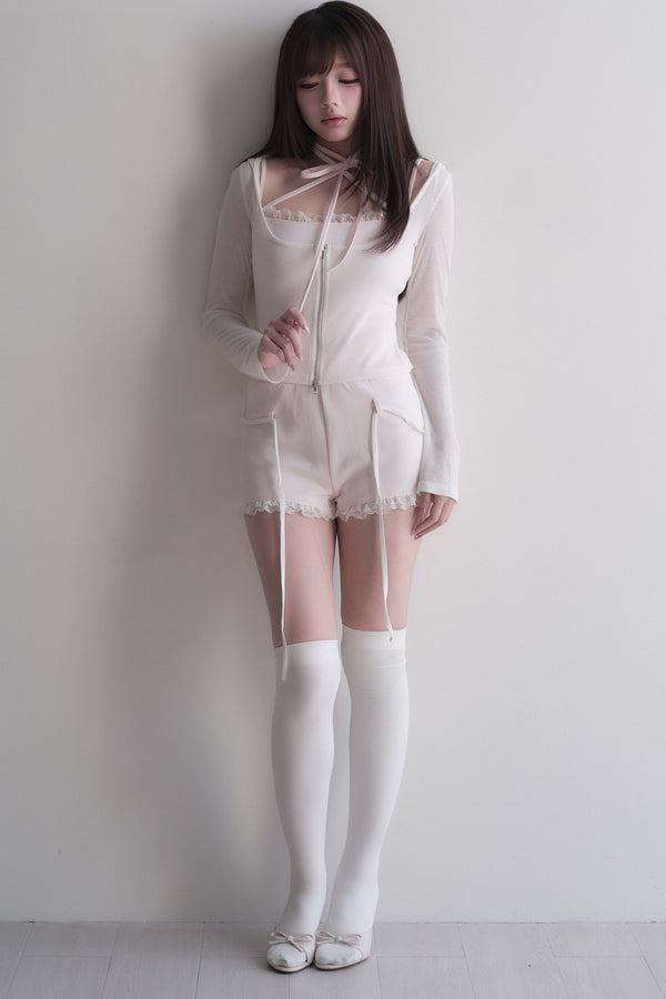 クロスリボントップス＋レースショートパンツセットアップ
