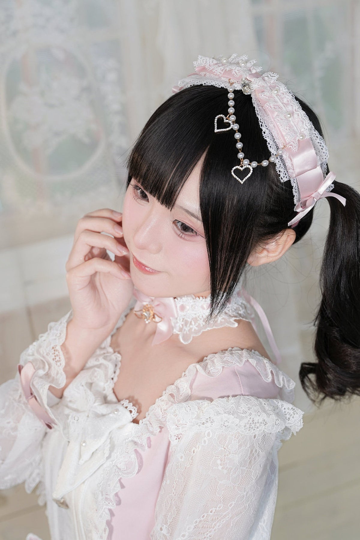 Lace Bow Dress With Hairband+Neck Ring