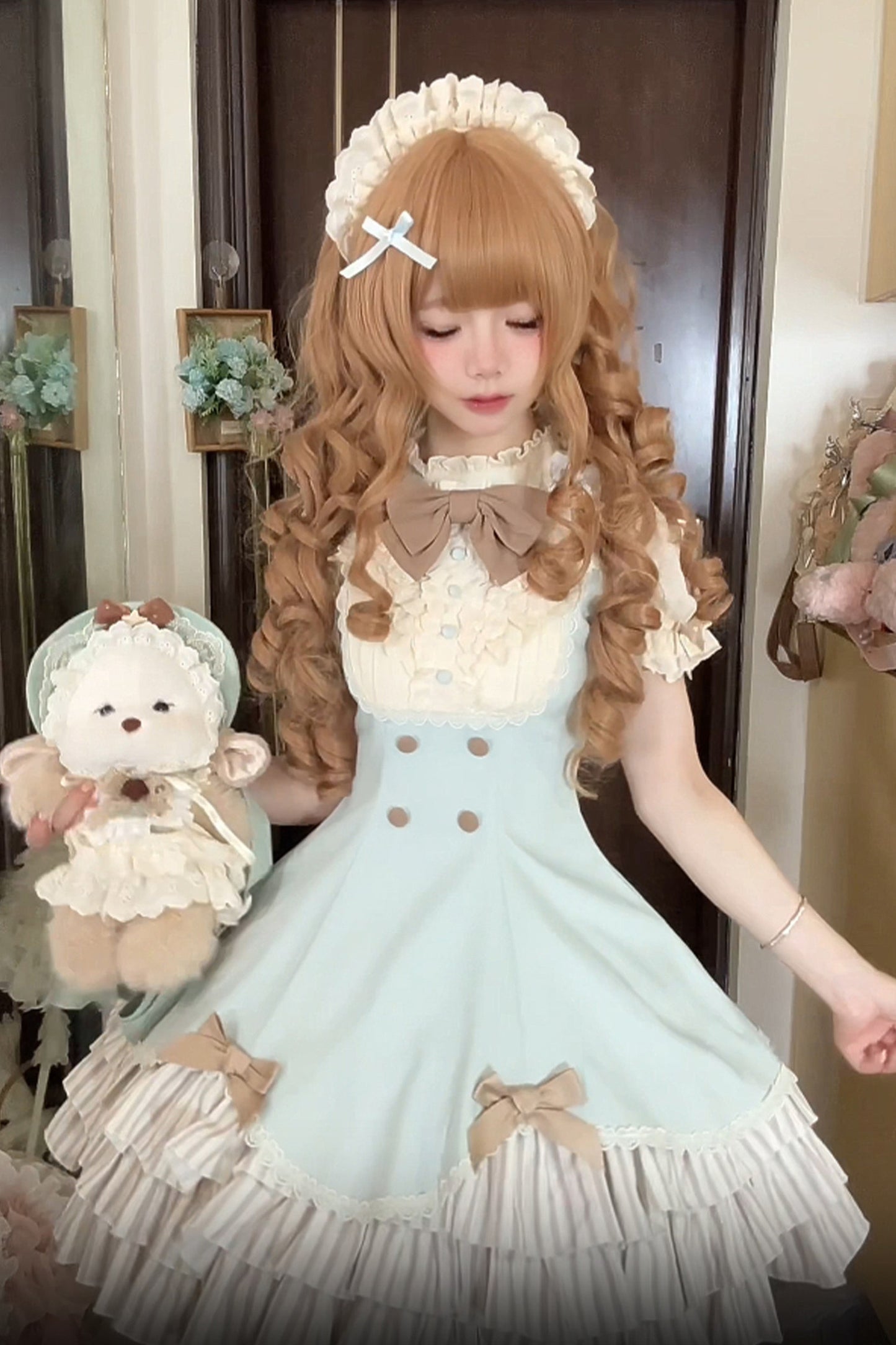 Lace Stand Collar Petal Hem Ruffle Dress