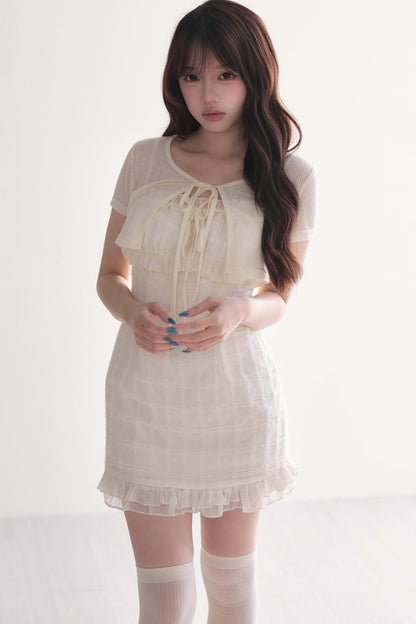 Elegant Ribbon Cardigan & Lace Dress Set