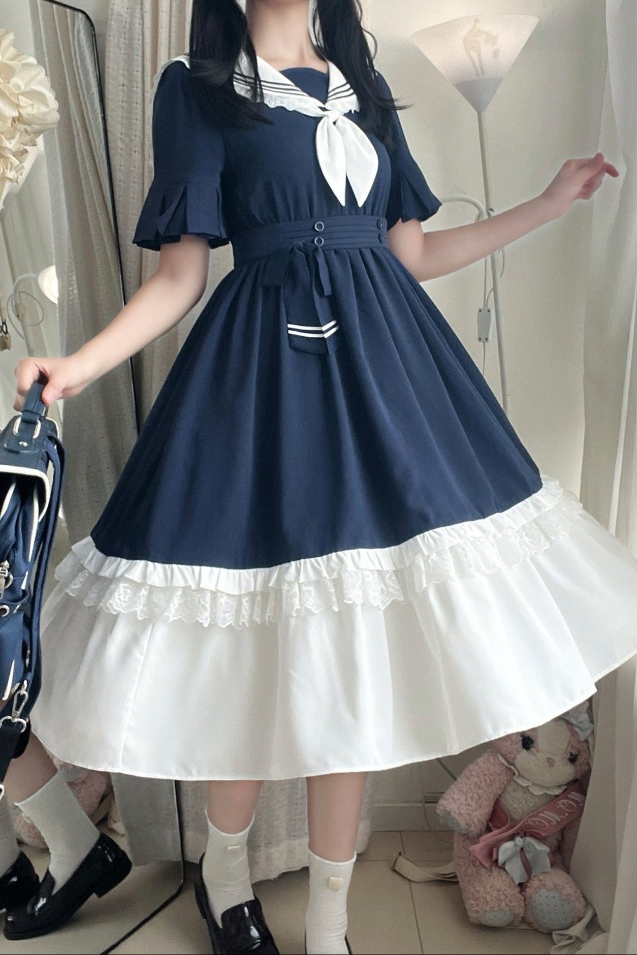 College-Style Ribbon Sailor Collar Flared Dress