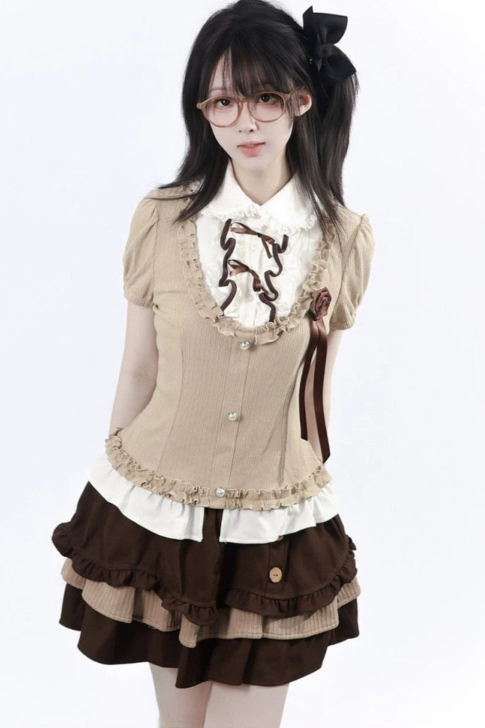 Rose Brown Lace Knit Top + Skirt