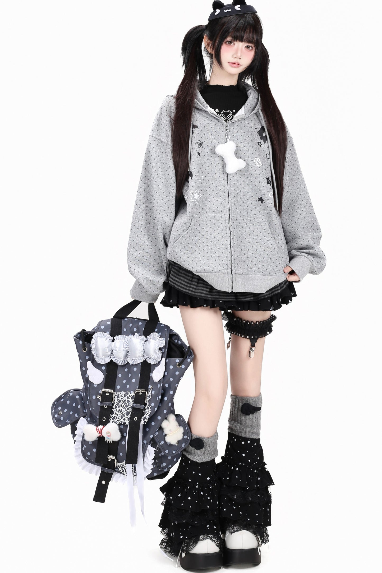 3D-Katzenohren-Kapuzenjacke mit Polka-Dots