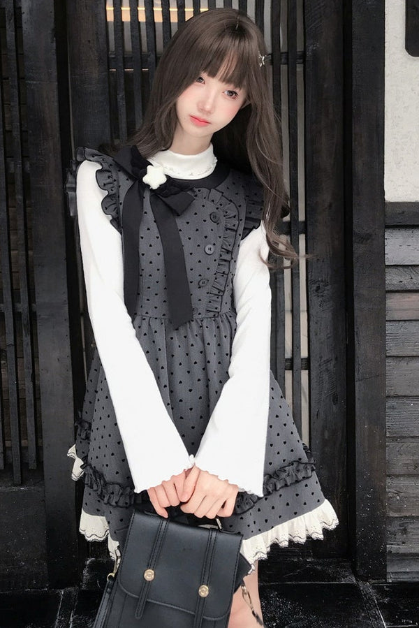 Retro Polka Dot Heart Flutter Sleeve Lace Hem Dress