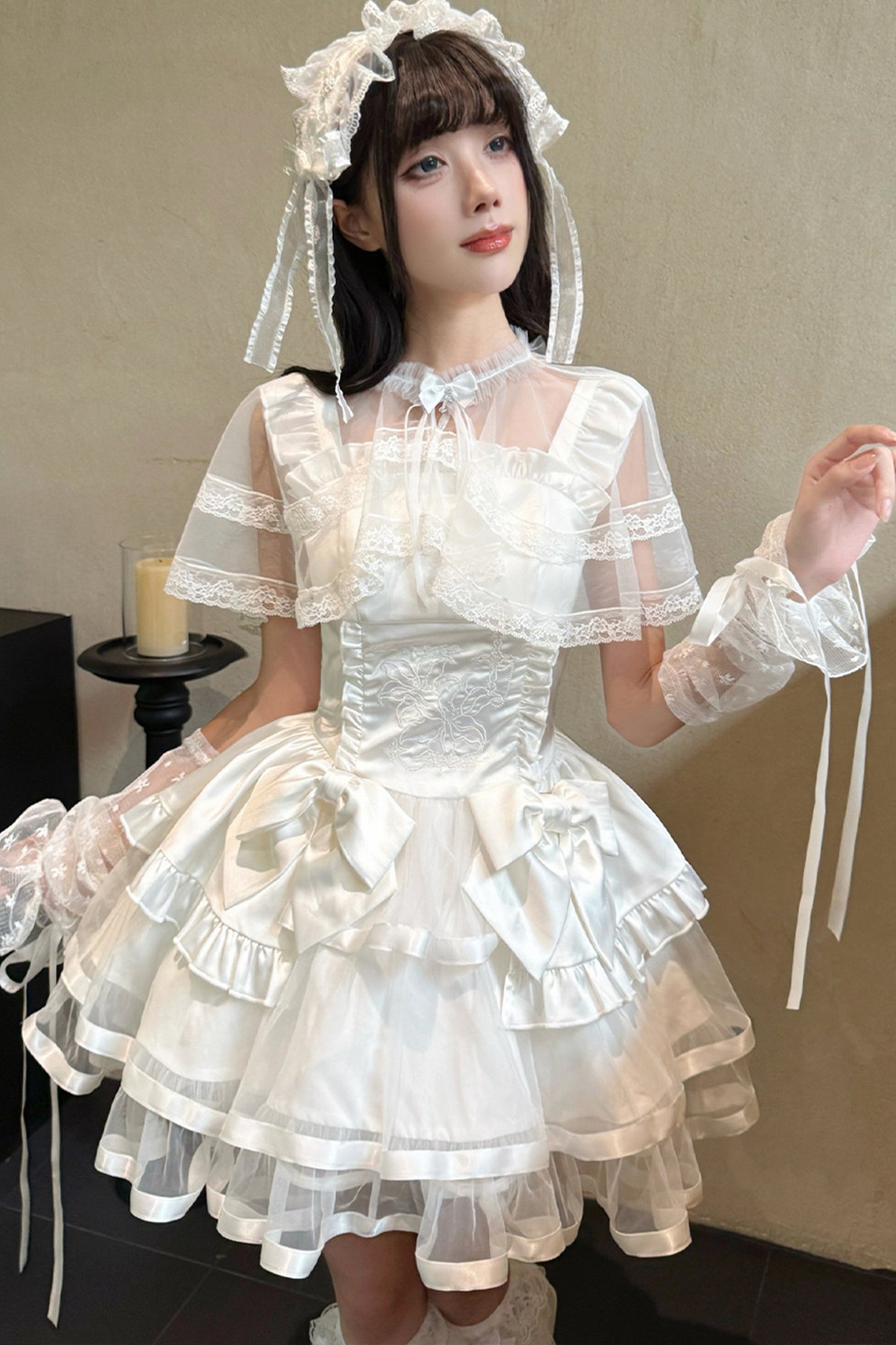 Detachable Shawl Satin Bow Cake Dress