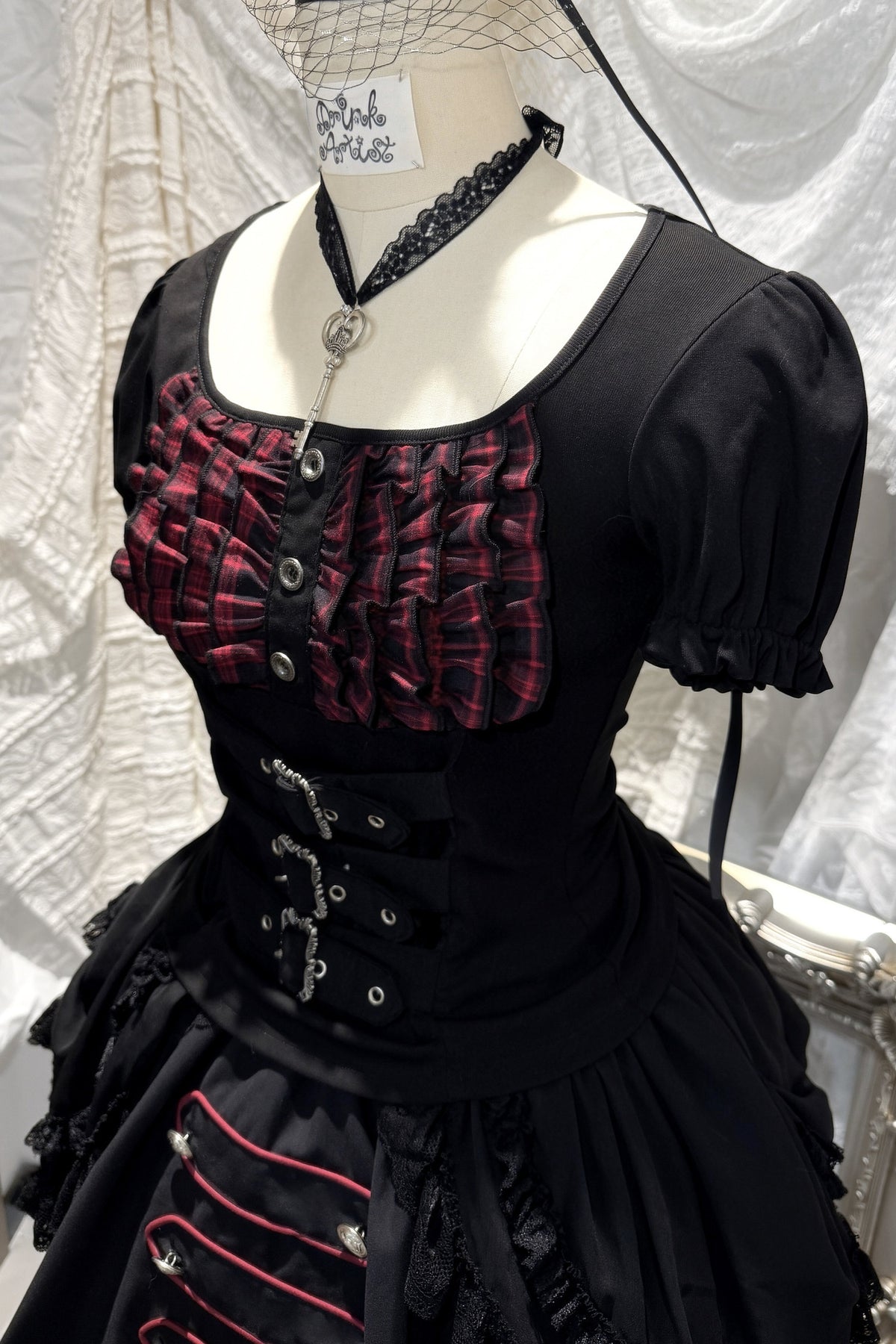 Original from Jiuyu Market: Black and Red Plaid Puff-Sleeve Knit Top with Military-Style Mesh Cake Skirt Set