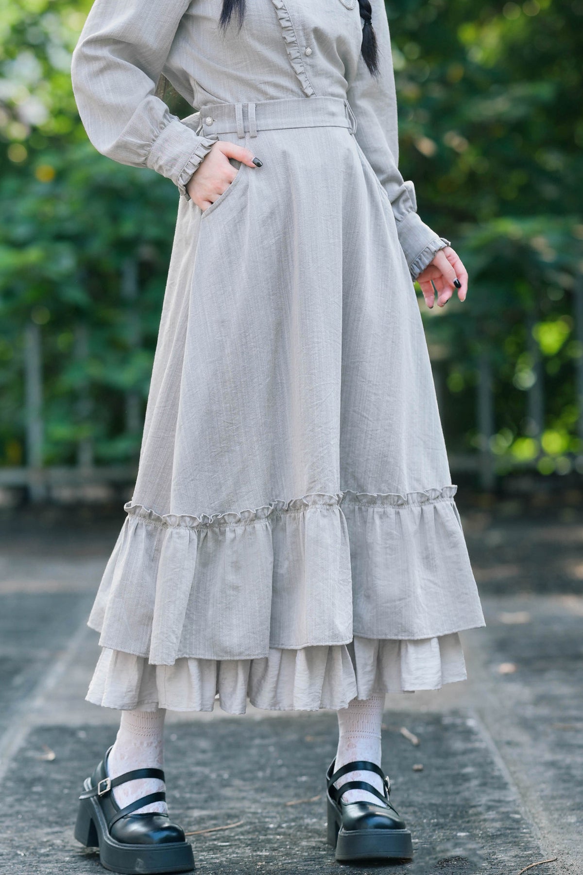 Deer Smoke Slanted Placket Shirt and Double Layer Skirt Set-Up
