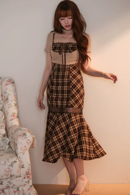 [Vorbestellung] Klassisches kariertes langes Kleid + Cardigan