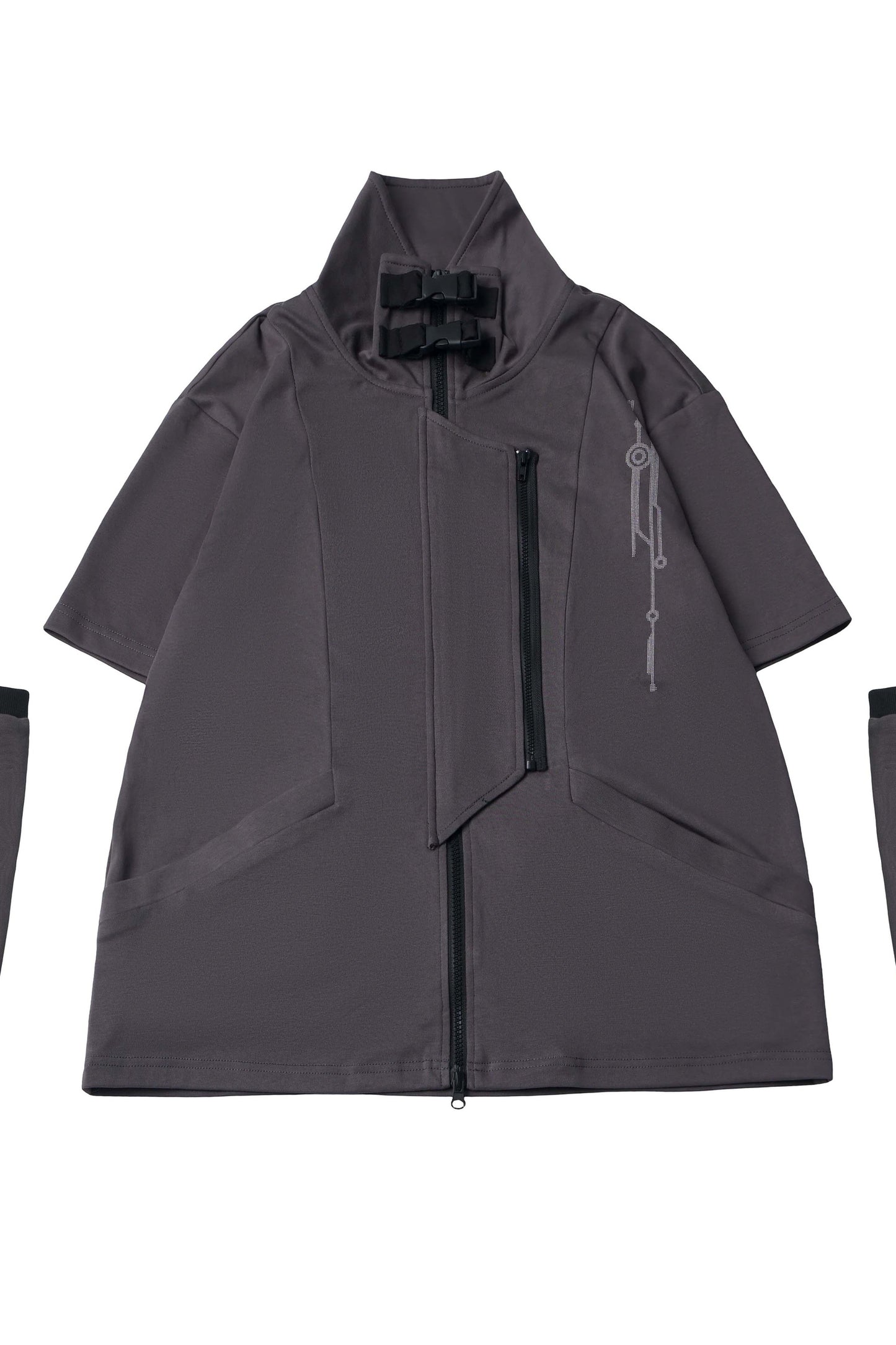 Gray Functional Stand Collar Zipper Short-Sleeve Set-Up