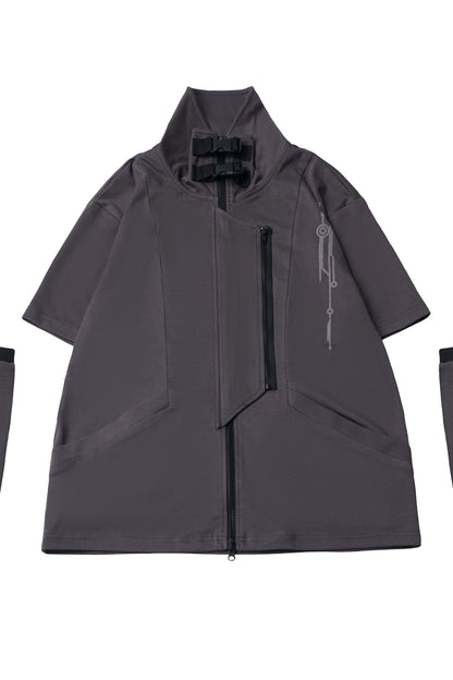 Gray Functional Stand Collar Zipper Short-Sleeve Set-Up