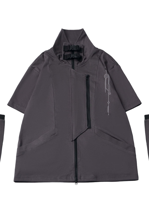 Gray Functional Stand Collar Zipper Short-Sleeve Set-Up