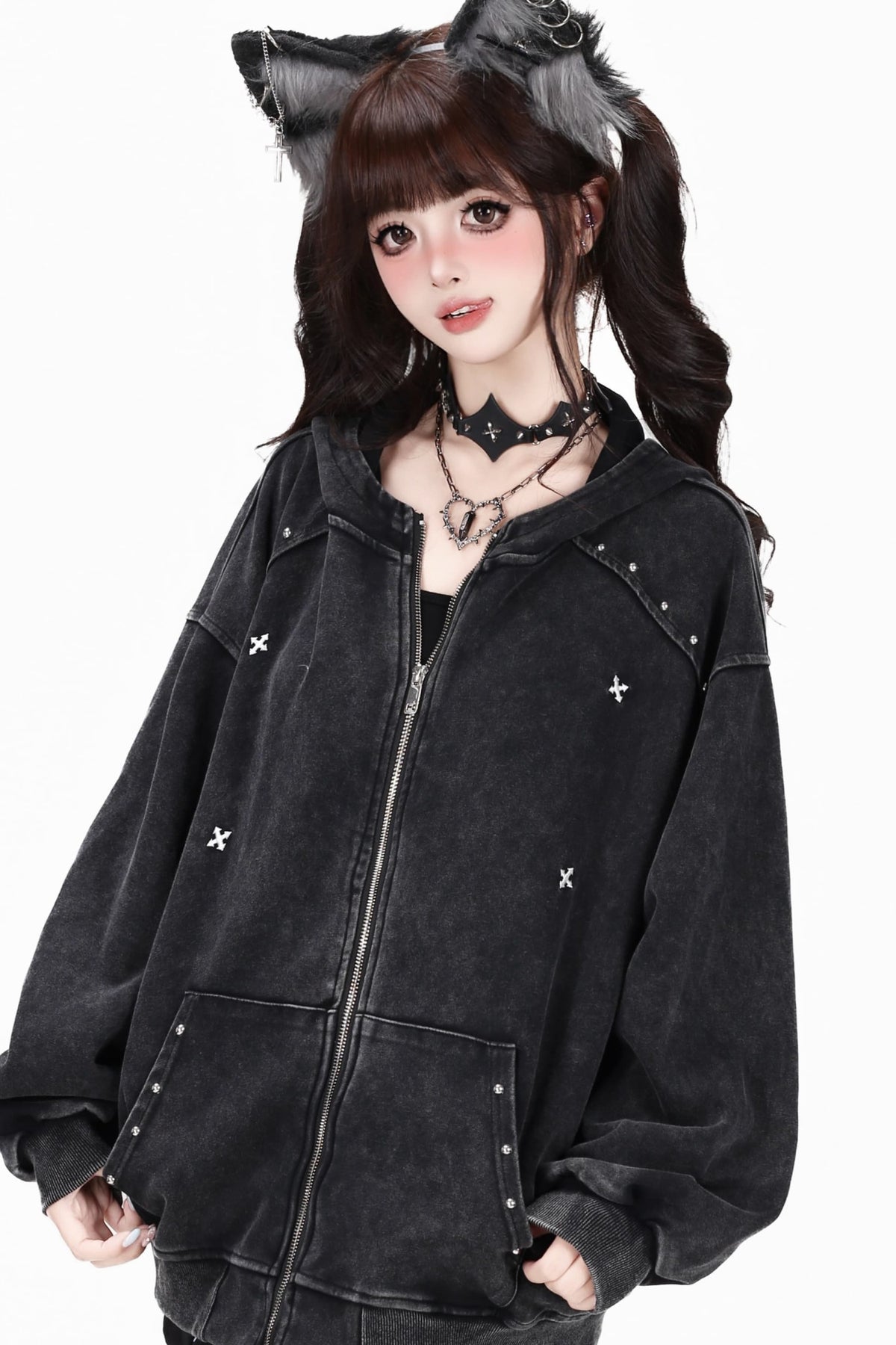 Studded Hooded Loose Jacket