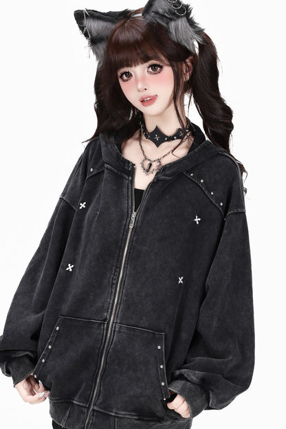 Studded Hooded Loose Jacket