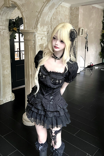Black Cross Lace Top and Ruffle Skirt Set