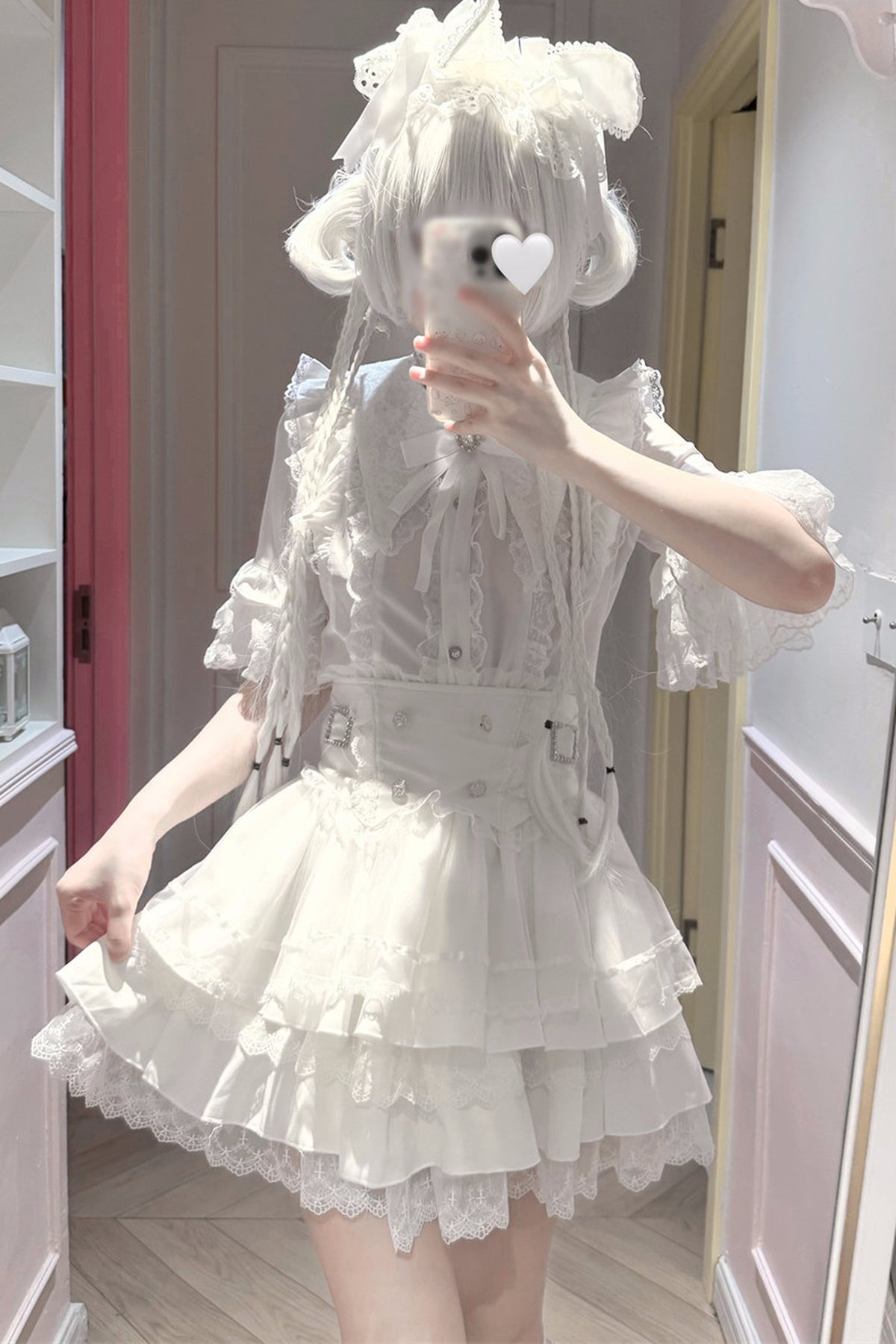 Cherry Short-Sleeved Lace Collar Shirt and Skirt Set-Up