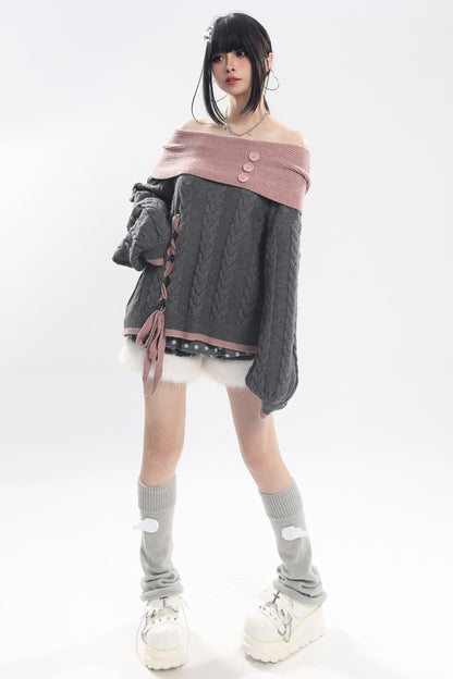 Off-Shoulder Cat Heart Knit Sweater
