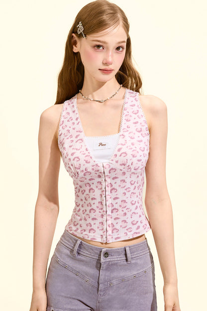 top con spalline leopardato rosa