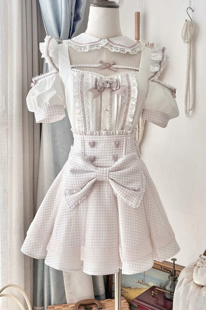 Ensemble haut à volants à carreaux style girly et minijupe à carreaux