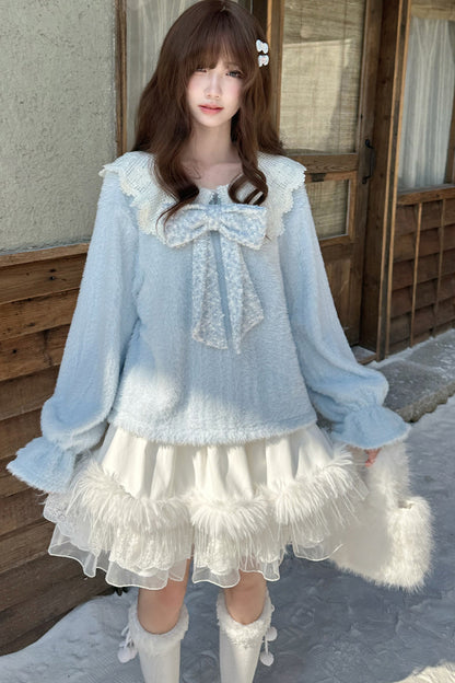 Blue Sky Star Fluffy Knit Top and Skirt Set