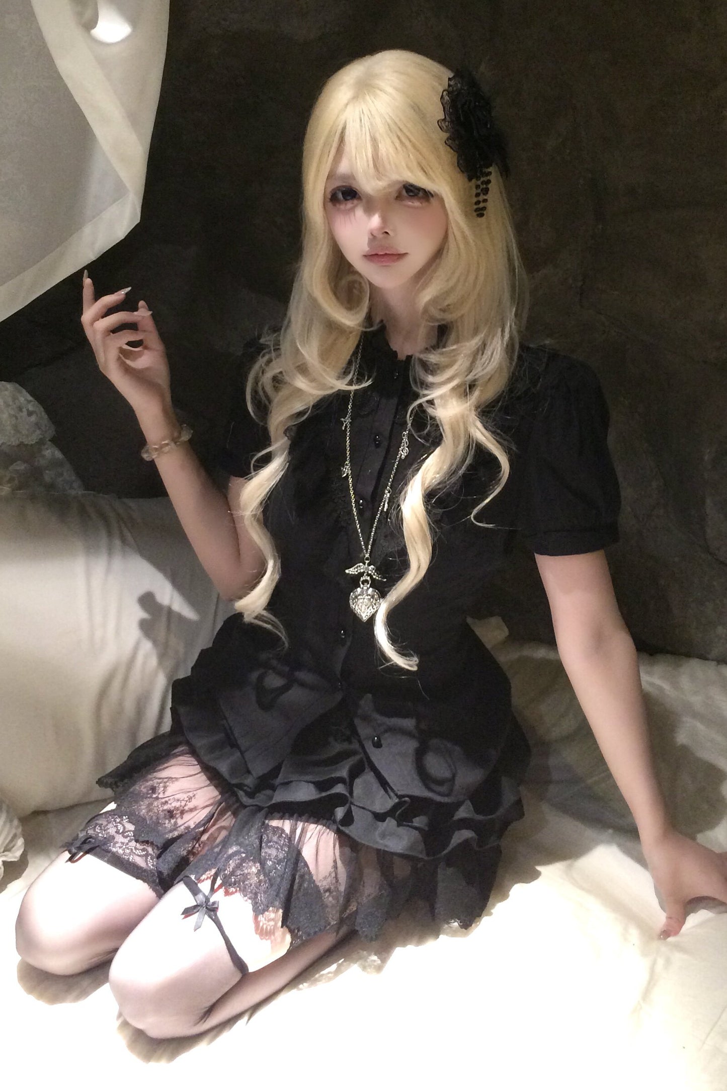 Black Puff Sleeve Lace Patchwork Top and Skirt Set
