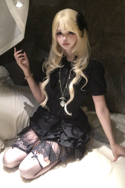 Black Puff Sleeve Lace Patchwork Top and Skirt Set
