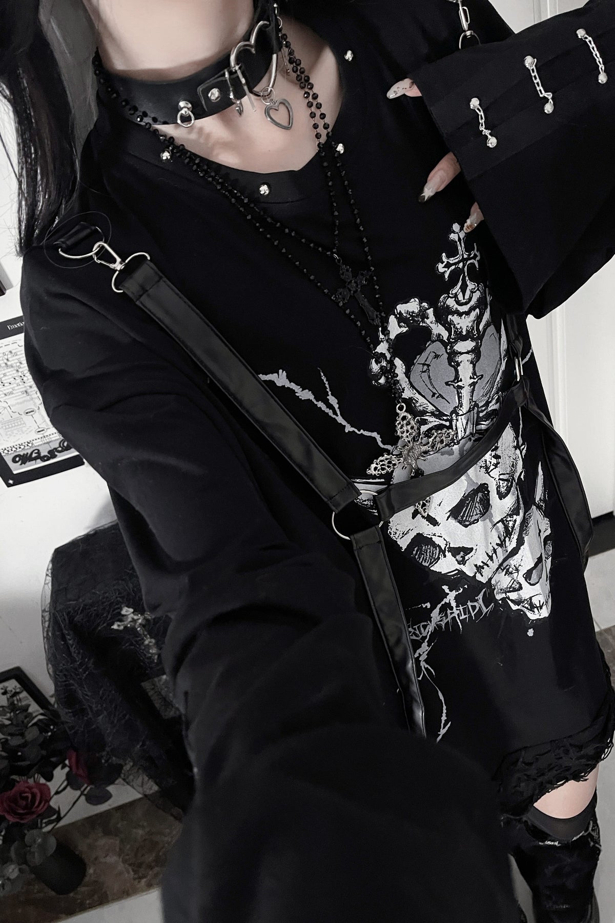 Belt Spliced Subculture Print Long-Sleeve T-Shirt