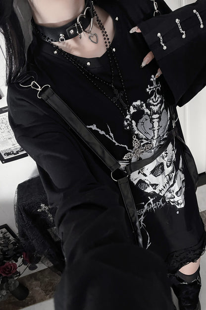Belt Spliced Subculture Print Long-Sleeve T-Shirt