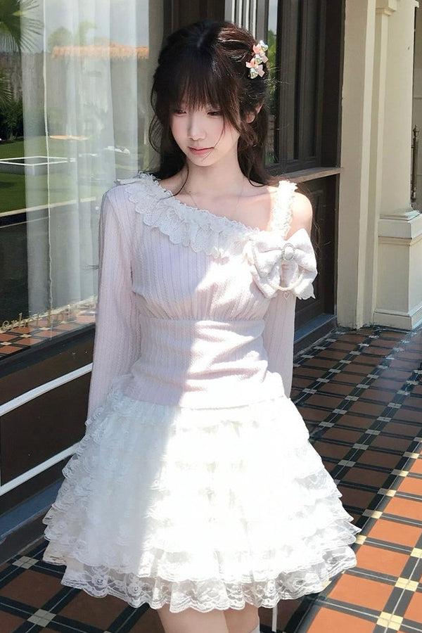 Pink Off-Shoulder Knit Top and Skirt Set
