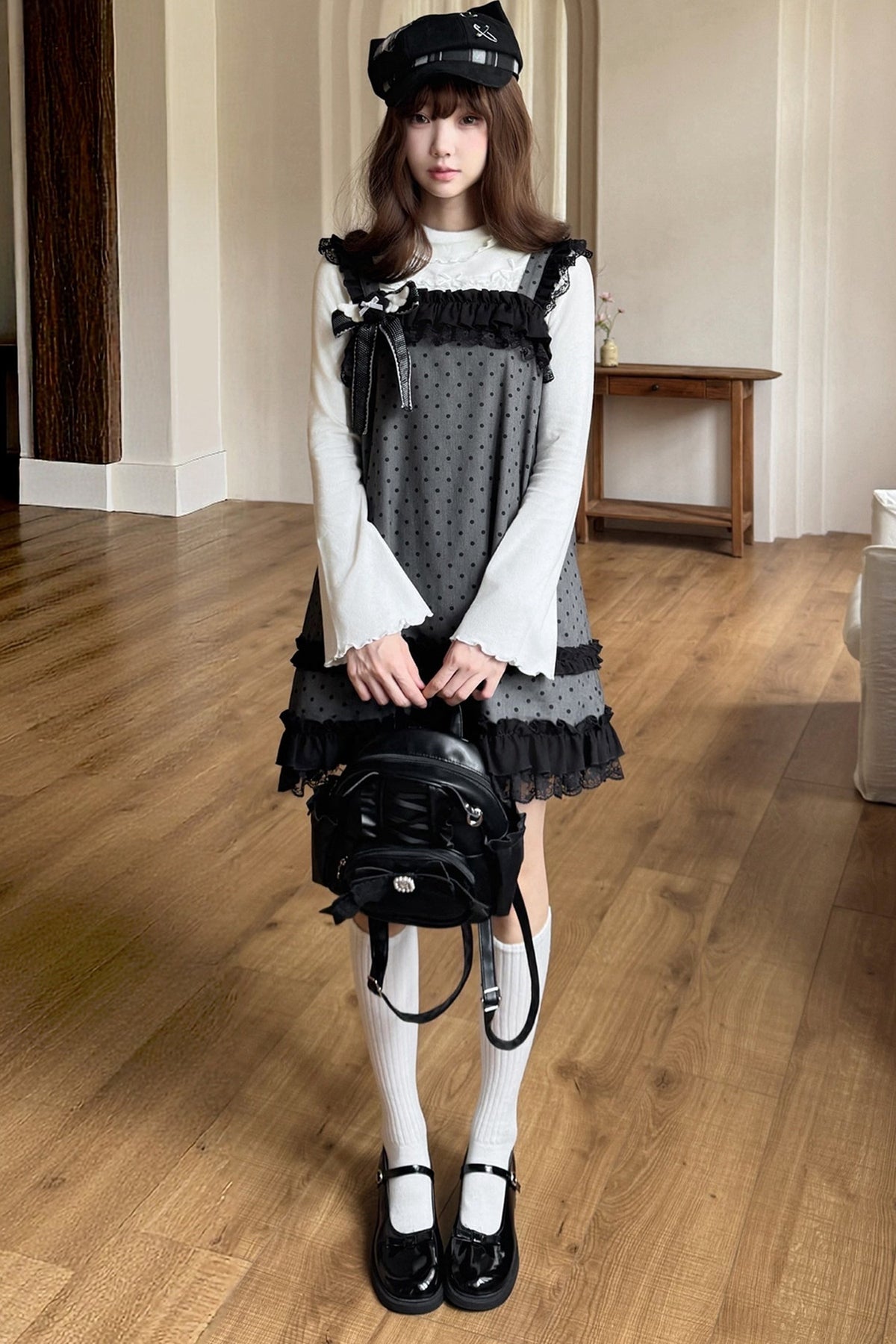 Schwarz-graues Polka-Dot-Trägerkleid-Set