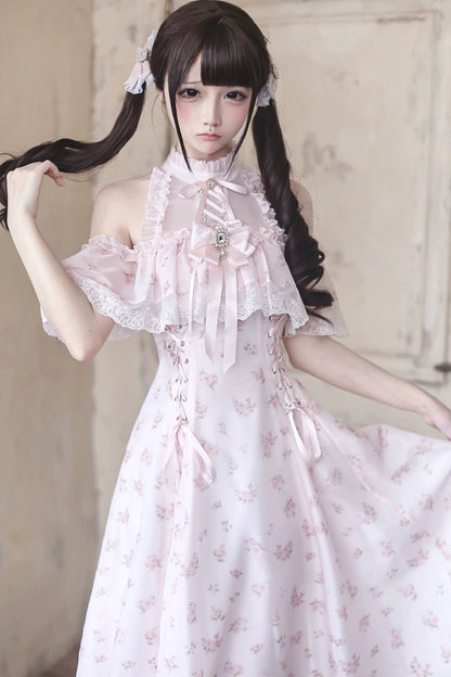 [Preorder Deadline: June 15] Pink Floral Chiffon Lace Jeweled Ribbon Open-Shoulder Long Dress