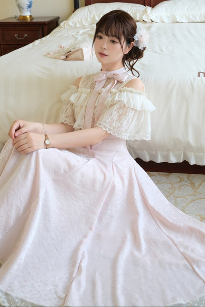 レースフリル清楚系ピンクロングワンピース