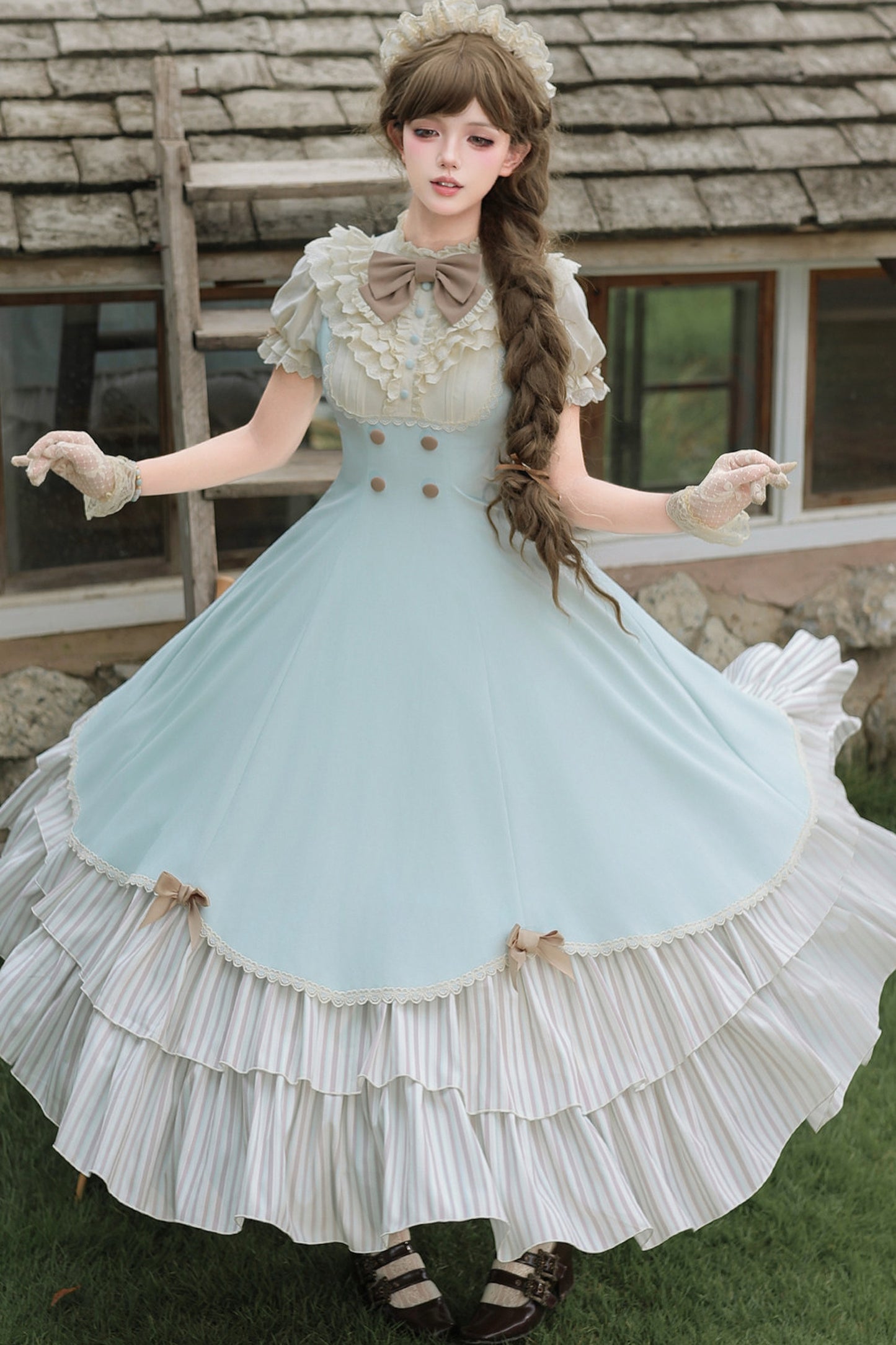 Lace Stand Collar Petal Hem Ruffle Dress