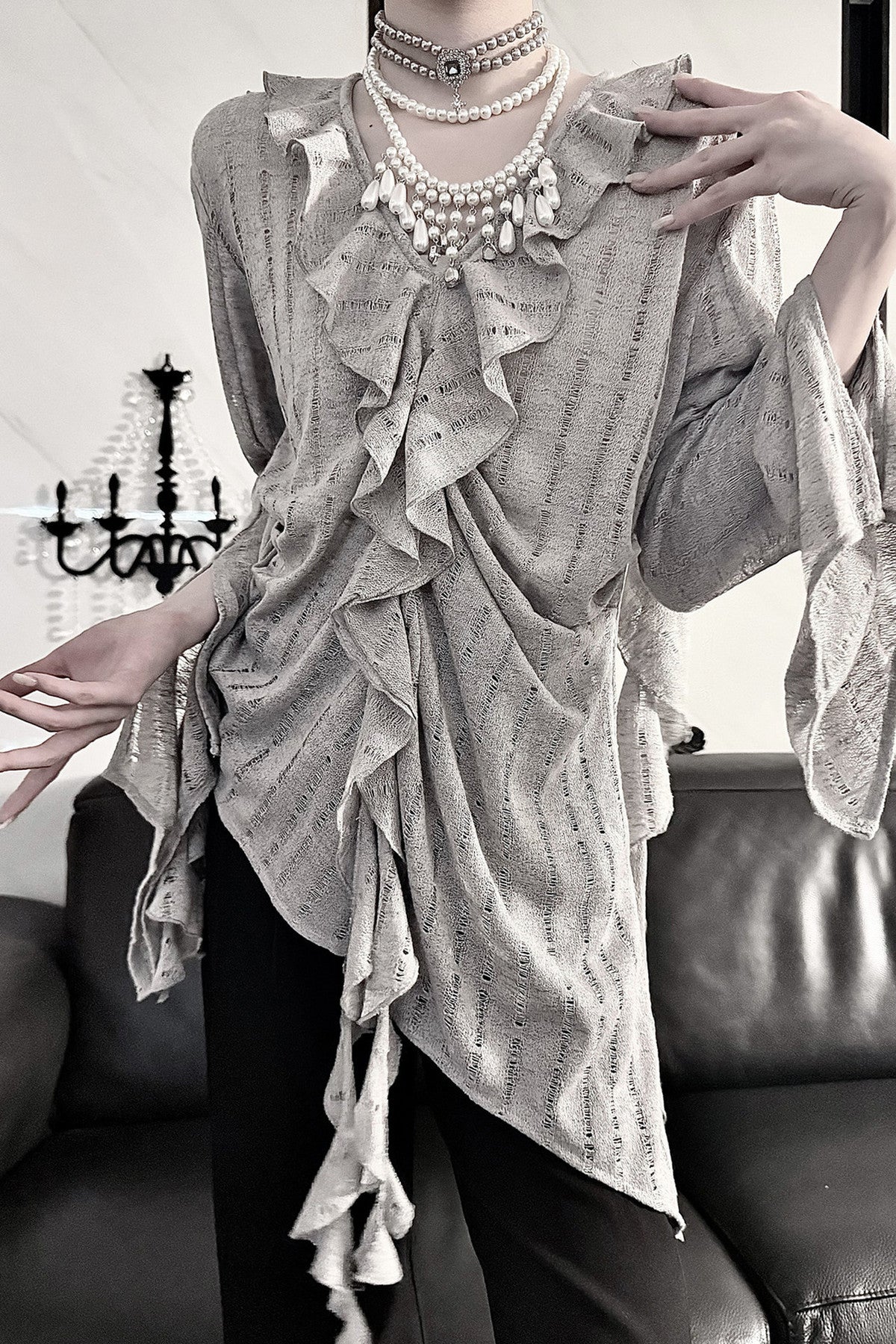Ruffle V-Neck Lace Blouse