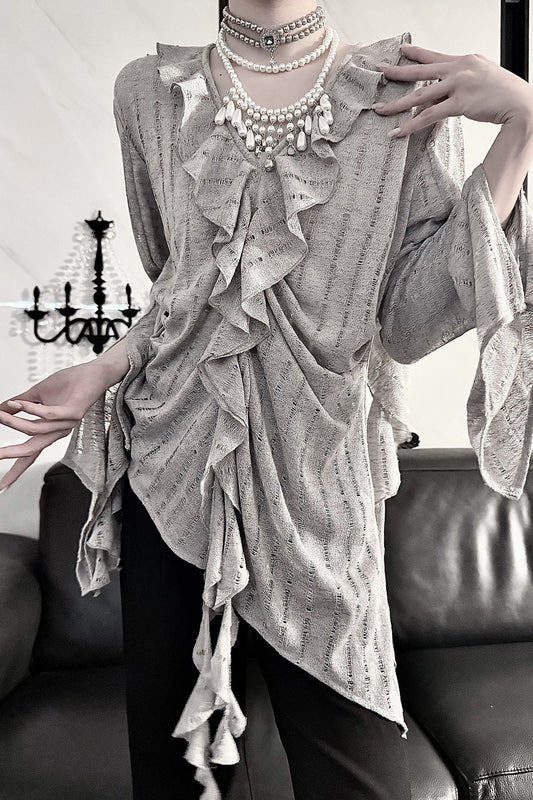 Ruffle V-Neck Lace Blouse