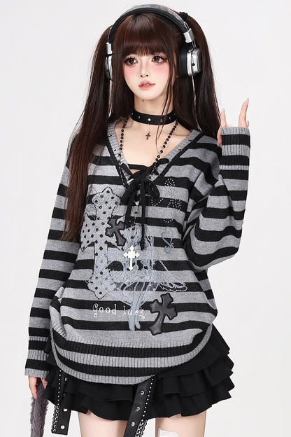 Strappy V-Neck Striped Pullover Sweater