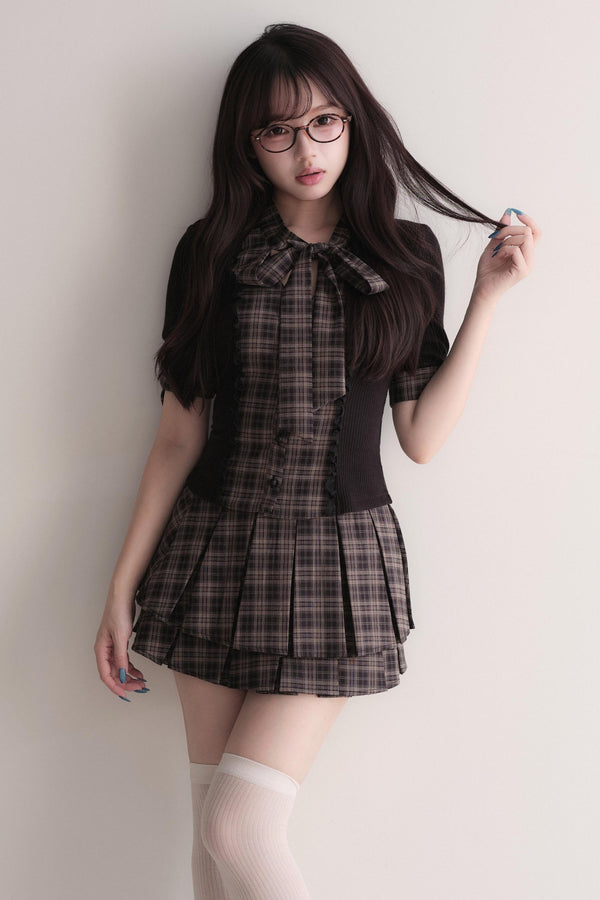 Plaid Patchwork Top and Skirt Set