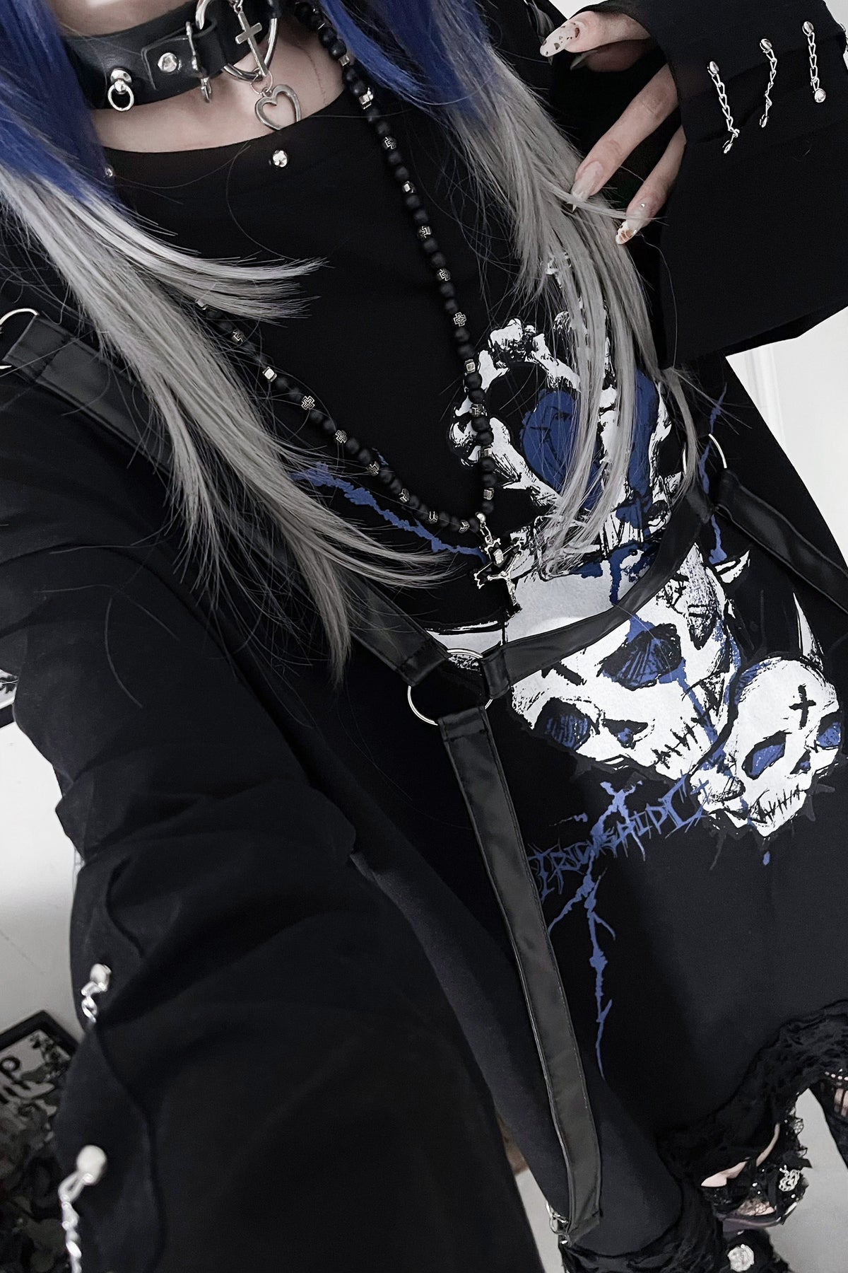 Belt Spliced Subculture Print Long-Sleeve T-Shirt