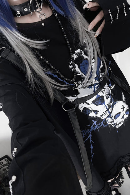 Belt Spliced Subculture Print Long-Sleeve T-Shirt